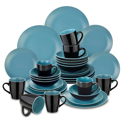 48-Piece Matte Black Blue Stoneware Dinnerware Set