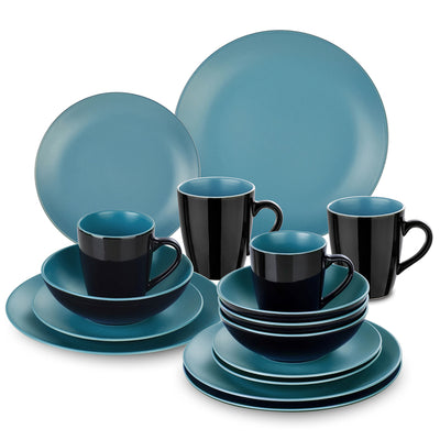 48-Piece Matte Black Blue Stoneware Dinnerware Set